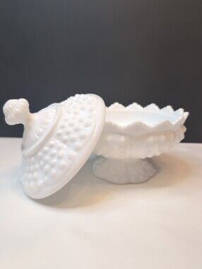 Vintage Fenton White Milk Glass Hobnail Lidded Pedestal Candy Dish